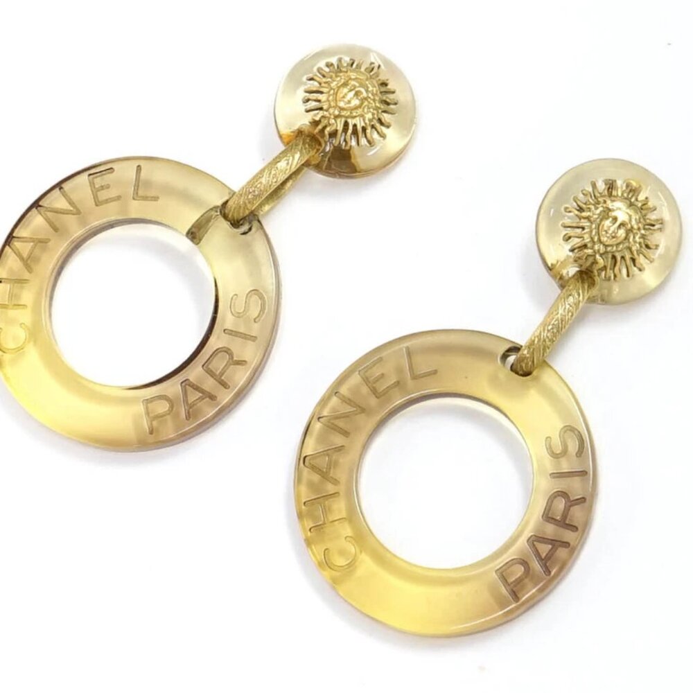 CHANEL Sun Motif Huge Lucite Hoop Dangle Earrings Gold Tone 95C w/Box USED x1130 - Picture 4 of 6